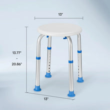 Adjustable shower stool with round seat, silver legs, blue rubber feet (13 in height)