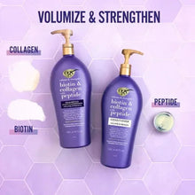 OGX biotin & collagen peptide shampoo bottles, large and mini, purple