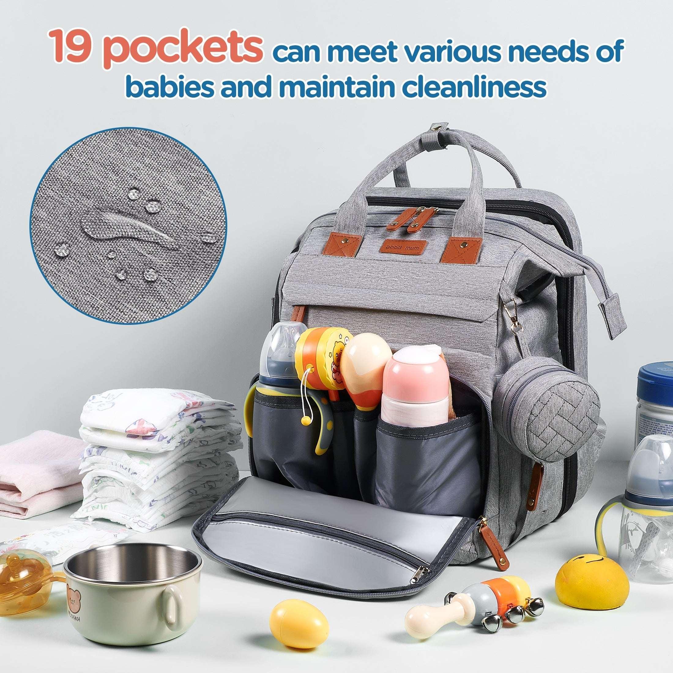 Babyomi Diaper Backpack with Changing Station, Foldable Crib, Insulated Pocket & USB Port, Large Travel Bag for Moms and Dads, Grey - USA MEGA SHOP