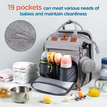 Grey diaper backpack with multiple organizer pockets and a fold-out changing pad insert.
