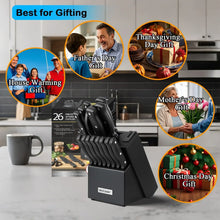 Black 26-piece knife set with countertop block and built-in sharpener.