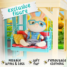 Rabbit figure in overalls on blue swing chair, with removable clothing pieces