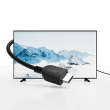 HDMI cable with black HDMI connector attached to a display