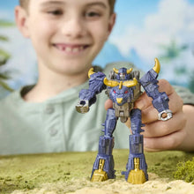 Standing blue and gray robot action figure with yellow horns and feet