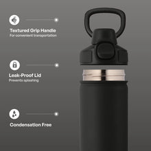 Black stainless steel water bottle with textured grip handle and push-lock lid