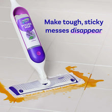 Swiffer Power Mop refill solution bottle and powered mop head on tile floor