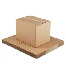 Brown corrugated shipping box on flat stacked base boards