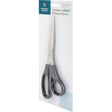 Stainless steel scissors with black plastic handles, shown in retail package