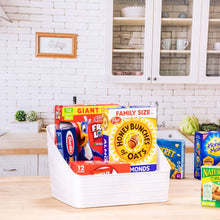 White plastic storage bin holding cereal boxes
