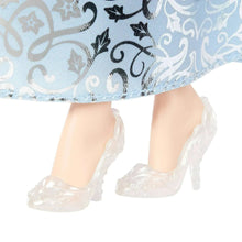 Light-blue patterned skirt and translucent high heels on fashion doll