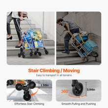 Stair-climbing utility cart with swivel wheels, shown moving up and over steps