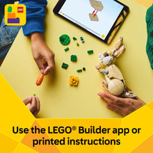 LEGO Creator 3-in-1 bunny build with carrot and flower pieces on tabletop