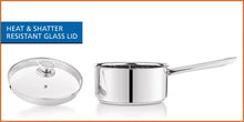 Stainless steel saucepan with heat-resistant glass lid and long handle