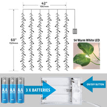 Warm white LED cascading vine curtain lights with green strands, 42 in x 60 in