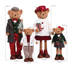 Four dressed plush teddy bears shown front-facing with height and width measurements.