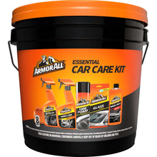 Armor All essential car care kit bucket with labeled bottles and glass wipes