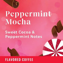 Flavored coffee label: Peppermint Mocha, sweet cocoa & peppermint notes
