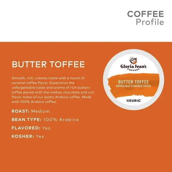 Gloria Jean's Coffees Butter Toffee Flavored K-Cup Pods, Light Roast, 24 Count for Keurig Brewers