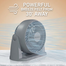 Gray air circulator fan with tilted head, circular grille, and stable base stand.