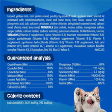 Dry cat food bag ingredients and guaranteed analysis text panel