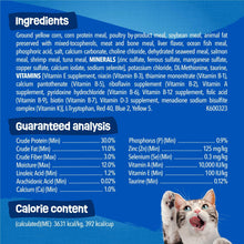 Purina Friskies Seafood Sensations dry cat food bag label: ingredients and analysis