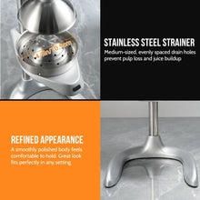 Stainless steel strainer drum with evenly spaced drain holes on manual juicer press