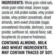 Ingredients panel for protein granola with rolled oats, wheat, almonds, and chocolate