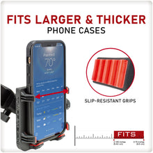 Handlebar phone holder for larger, thicker phone cases with red grip pads