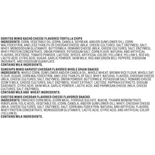 Ingredient list panel for Doritos minis, SunChips minis, and Cheetos minis snacks