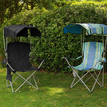 Striped blue folding camp chair with shade canopy and side cup holder pocket