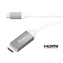 USB-C to HDMI cable with gray USB-C plug and HDMI plug on white cord