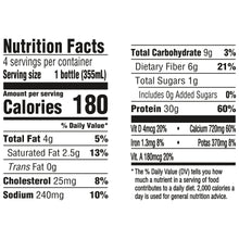 Nutrition facts panel: 180 calories per bottle, 30g protein, 4 servings