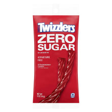 Twizzlers Zero Sugar strawberry candy bag, red and white package with twisted pieces