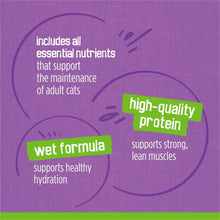 Cat wet food benefits panel: wet formula, high-quality protein, and essential nutrients for adult cats.