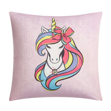 Unicorn pillow cover in light pink with unicorn face and bow detail