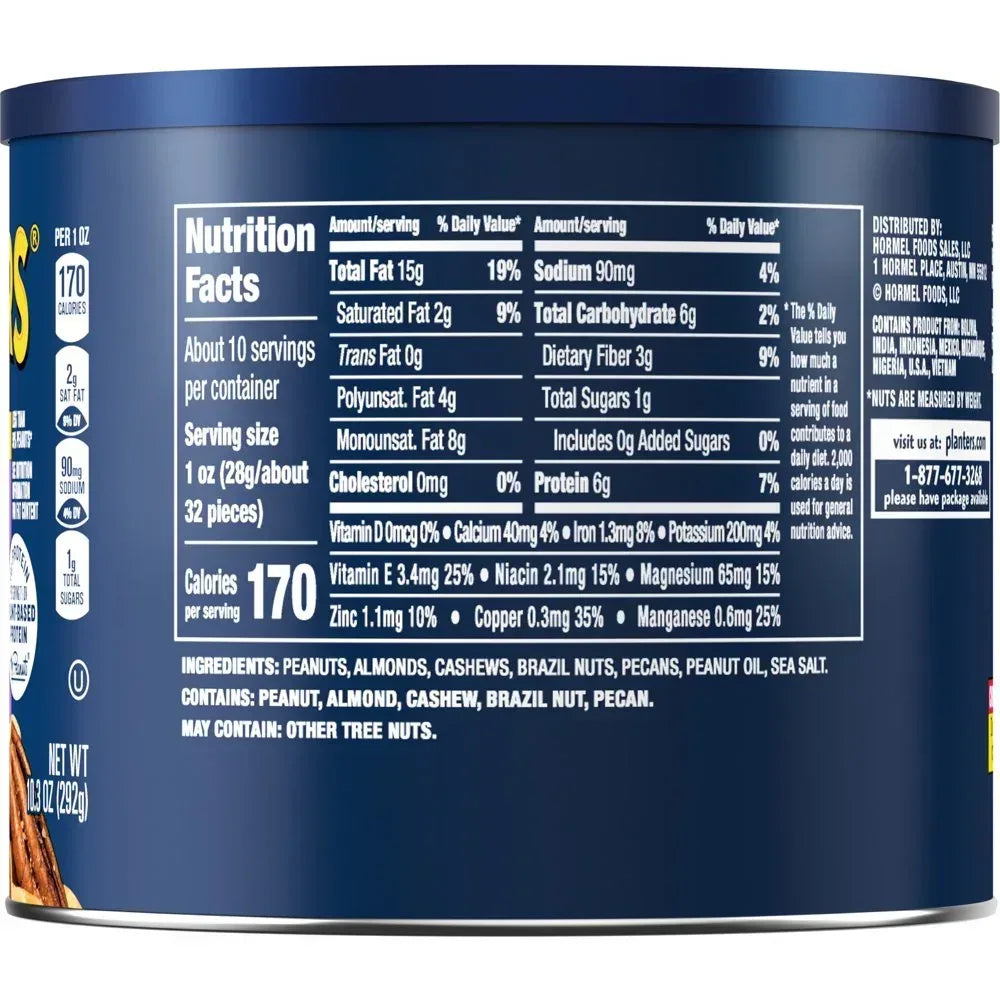 Salted Mixed Nuts, Party Snacks, Plant-Based Protein 10.3Oz (1 Canister)