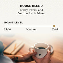 Peet's house blend roast level chart with cup of dark coffee