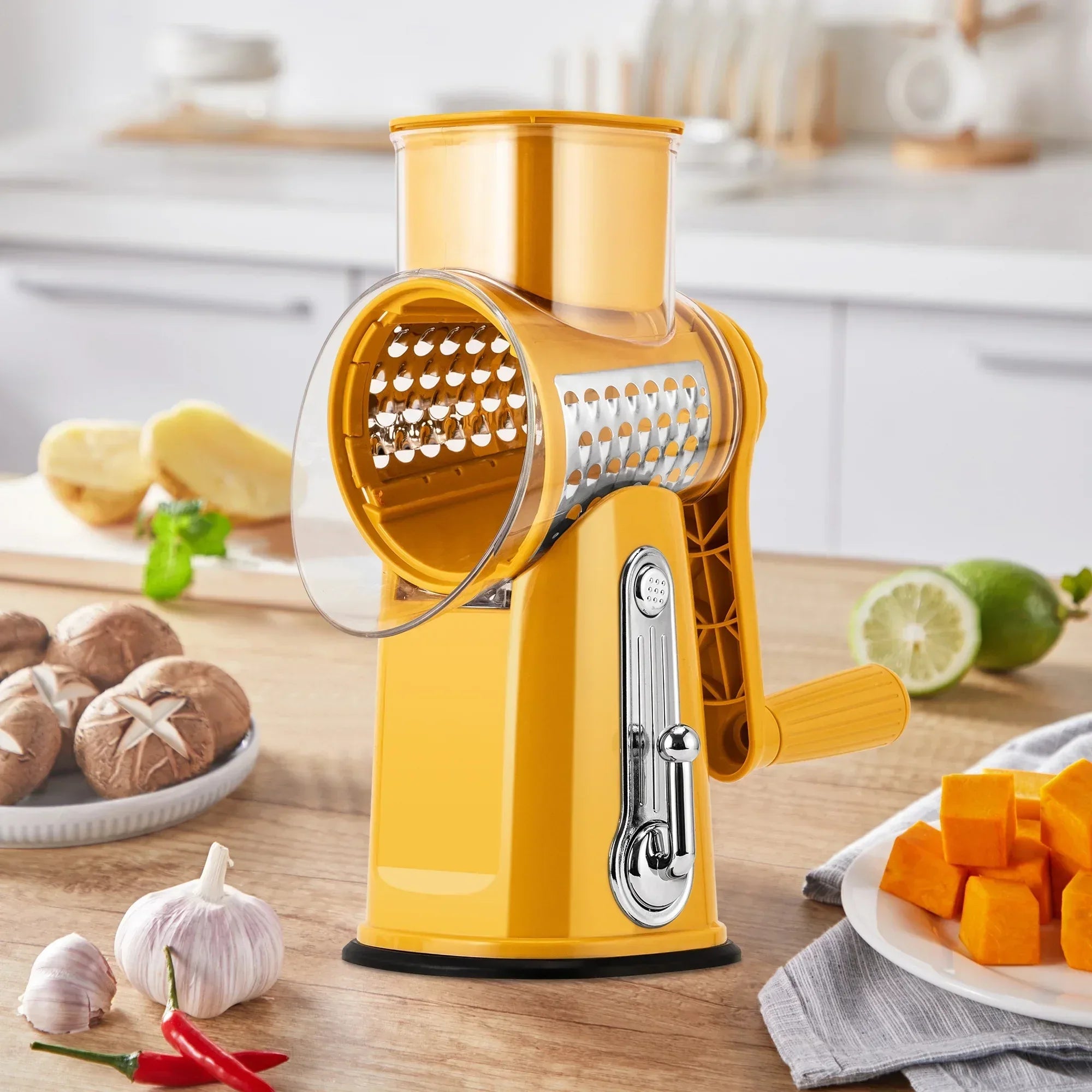 Pukomc Rotary Cheese Grater with Handle- 5 Blades, Suction Base, Mandoline Slicer & Veg Shredder with Blade Storage Box - USA MEGA SHOP