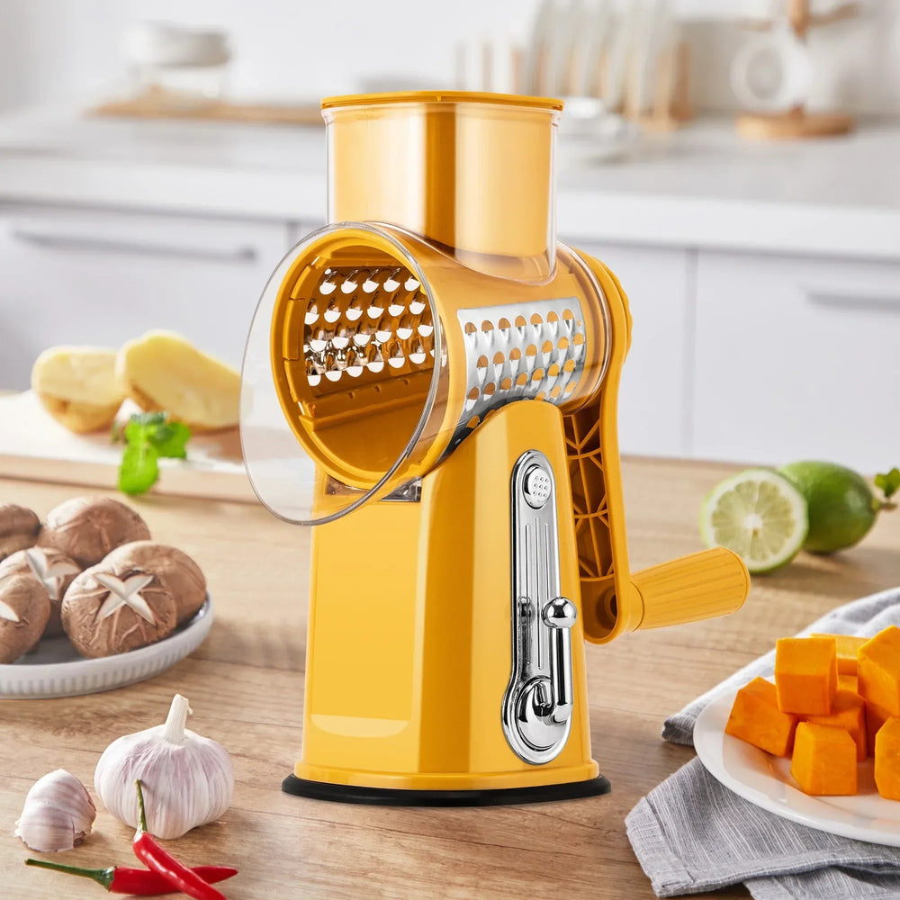 Pukomc Rotary Cheese Grater with Handle- 5 Blades, Suction Base, Mandoline Slicer & Veg Shredder with Blade Storage Box - USA MEGA SHOP