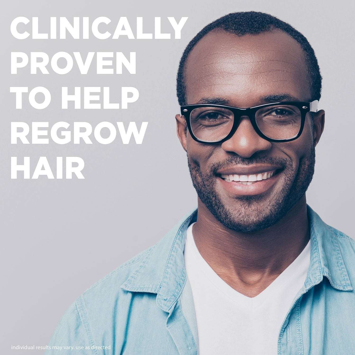 Promotional hair regrowth image with smiling man wearing glasses