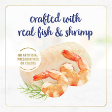 Real fish & shrimp ingredient illustration on flaked kitten wet food label