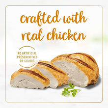 Fancy Feast wet cat food packaging panel showing real chicken slices and garnished herb