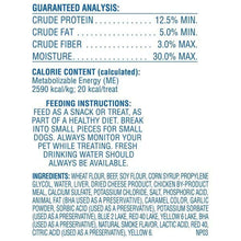 Guaranteed analysis and feeding instructions text panel on dog treat bag