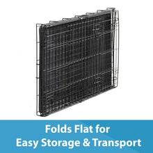 Folded black wire dog crate panels with carrying handle for storage and transport
