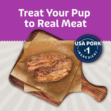Blue Buffalo Sizzlers bacon-style dog treats with USA pork badge and brown meat slices