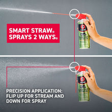 Silicone lubricant spray can with red smart straw held in hand, spraying stream
