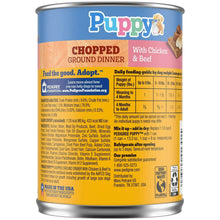 Puppy wet food can back label with feeding guide, ingredients, and directions