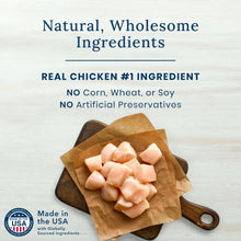 Dog treat ingredients graphic with diced chicken bites on parchment