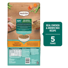 Rachael Ray Nutrish puppy dry dog food bag with ingredient and nutrition label