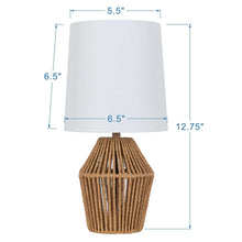 Brown rope mini lamp with white fabric shade, 12.75 in height